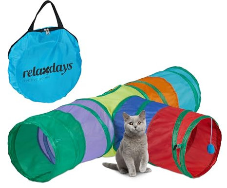 Relaxdays Katzentunnel, Faltbare Katzenröhre, HBT: 25 x 98 x 58 cm, Spieltunnel 3 Wege, Katzenzubehör, Polyester, bunt