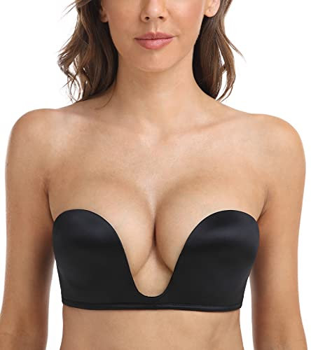 DotVol Damen Trägerloser BH Push Up Tief U Bra Gepolstert Rückenfrei Bra mit Abnehmbare Träger unsichtbar Multiway BH(75C,Schwarz)
