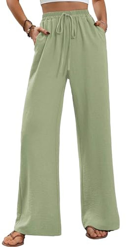 ALSOGO Weite Hose Damen Elegant Breite Hosen High Waist Lose Sommer Palazzo Hose Dehnbar Lounge Lang mit Taschen Hellgrün L