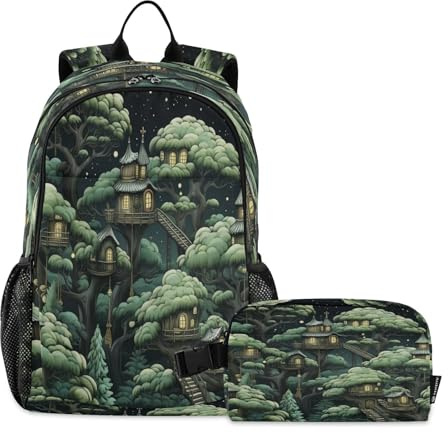 LINNIKEEEE Cartoon-Baumhaus Studentenrucksack Lunchtasche Set – Leichte Schultasche für Jungen Mädchen