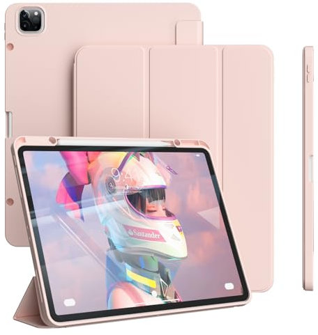 GKABXY Étui pour iPad Pro 12,9 Pouces 6e/5e/4e génération 2022/2021/2020 avec Porte-Crayon, Dos en TPU Souple Simple, Veille/réveil Automatique pour étui iPad 12,9 Pouces, Rose