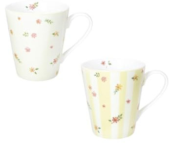 Brandani 51147 MUG POLLINE GIALLO SET 2 PZ NEW BONE CHINA, cm d 8,5x10h, 600ml, Decori delicati fiori e boccioli, Lavastoviglie, Microonde, Forno, Freezer