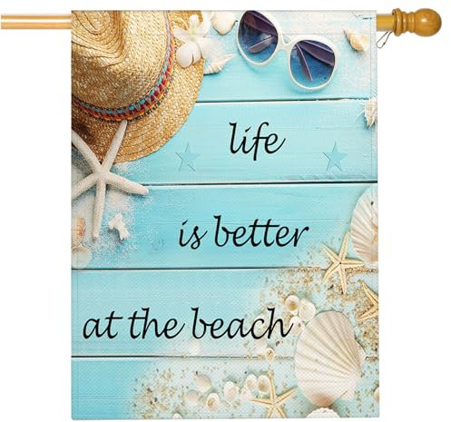 Mugod Life is Better at The Beach House Flagge, doppelseitig, 71 x 101 cm, Sommer-Küste, Sackleinen, große Flagge, Haus, saisonales Bauernhaus, Außen-Dekoration