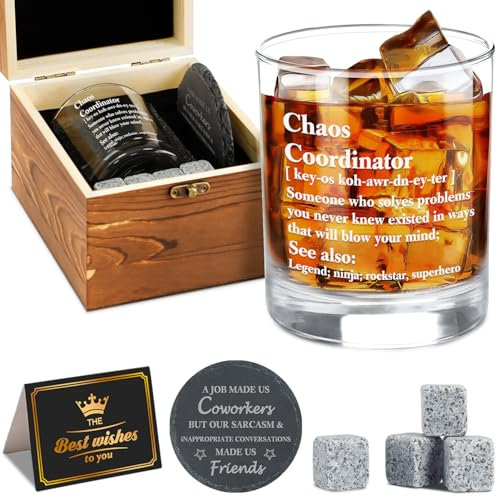 Chao Coordinator Whiskey Gifts Set for Men,Novelty Coworker Leaving Gift For Colleague Boss Co-worker Friends, Farewell Present for Men-11Oz Old Fashioned Whiskey Glass & Wood Box & Coaster & Stone