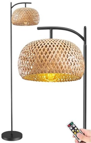 MVXBICIA Dimmable Battery Operated Floor Lamp with Remote – Cordless Woven Rattan Tall Standing Lamp for Living Room, Bedroom, Office – Wireless Timer & Boho Bamboo Design