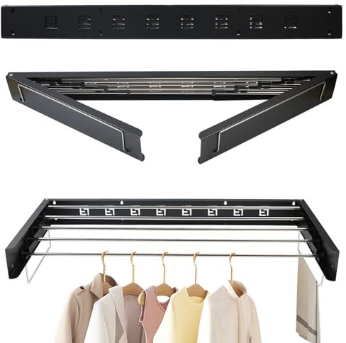 Gemsaya Wäscheständer zur Wandmontage, 100cm Ausziebar Wandtrockner, Edelstahl Wand Klappbar Wäschetrockner mit Zwei Zuglaschen, Schwarz Faltbar Wandmontiert Wäscheleine, für Indoor & Outdoor Balkon