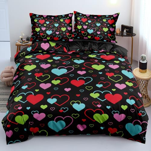 Boqingzhu Bettwäsche Herzen Aesthetic 135x200cm Schwarz Bunt Herz Bettwäsche Set Süß Romantisch Microfaser Einzelbett mit Kissenbezug 80x80cm mit Reißverschluss