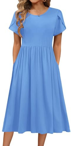 HOTOUCH Women's Elegant Tunic Dress, Round Neck, Casual Ladies Dresses, Midi, Short Sleeve, Puff A Line, Classic Midi Dress with Pockets, Maxi Party, Light Blue, XXL