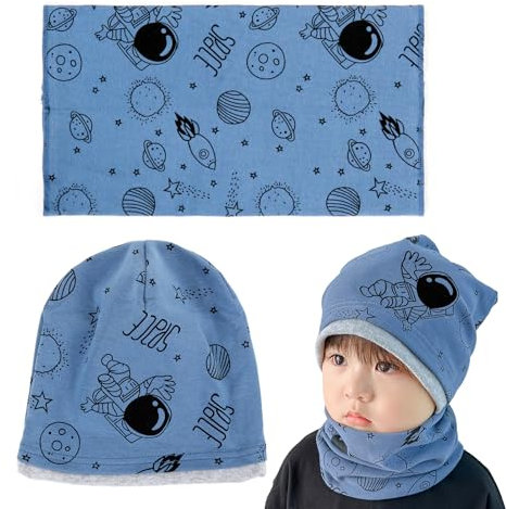 Cappello e Sciarpa Bambino, Invernale Cappello e Scaldacollo Bambino, Berretto e Scaldacollo in Maglia Cotone, Scaldacollo Beanie Cappello per Primavera Autunno e Inverno 2-8 Anni(Astronauti)