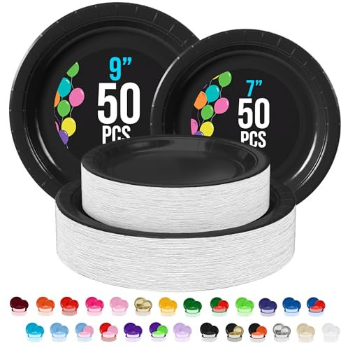 Exquisite Juego de 100 platos desechables de papel negro de 50 a 7 pulgadas y 50 a 9 pulgadas, platos desechables negros para fiestas, platos negros desechables para fiestas
