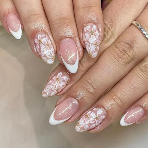 Floral White French Tip False Nails Medium Almond, SXVME Glitter White Press on Nails with Floral Designs Full Cover Acrylic Fake Nails Press ons Spring Bling Stick on Nails for Women 24 Pcs