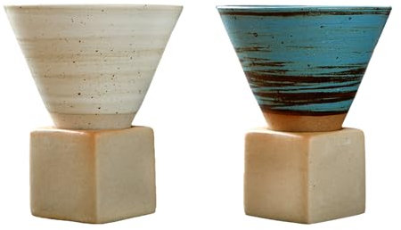 Dzaayediiy Coarse Ceramic Coffee Cups with Base, 200ml/6.7oz Japanese Style Cone Funnel Tea Mugs for Latte Tea Cocoa, White&Blue