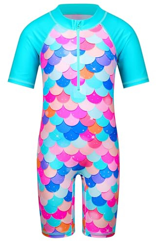 HUAANIUE Filles Maillot de Bain 1 Pièce 2-12 Ans, Anti-UV UPF 50+ Manches Courtes, Fermeture Éclair Frontale, Imprimés Colorés, Idéal pour Plage et Piscine (S459-Écailles Cyan, 5-6 Ans)