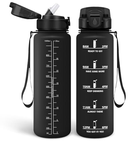 HoneyHolly Gourde 1l, Étanches, Gourde Paille, sans BPA & Réutilisable, Bouteille, Motivation Bouteille d'eau, Avec Marqueur de Temps, Gourde Sport pour Gym, Ecole, Cyclisme, Plein air, Sport