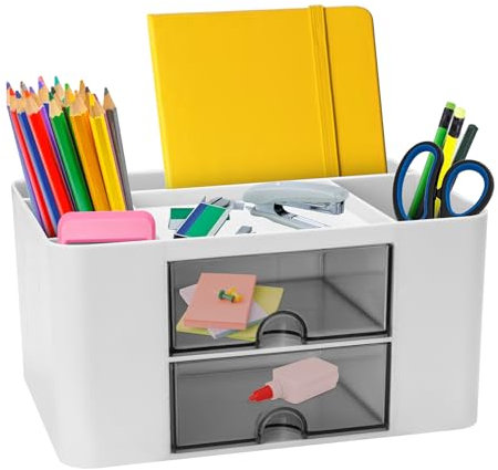 BOULEAWEL Schreibtischorganisator mit Schubladen,multifunktionaler Stifthalter für den Schreibtisch mit 7 Fächern,Büroorganisation,Desktop-Organizer für Zuhause Büro und Schule (Weiß)