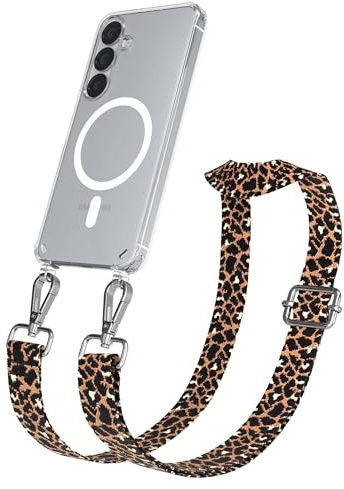 EAZY CASE Handykette - Verstellbares Taschenband kompatibel mit Galaxy S25, Schulterriemen, Handykordel mit Silikon Hülle, Qi Charging kompatibel, Umhängetasche, Leo - Schwarz Braun Metall Silber