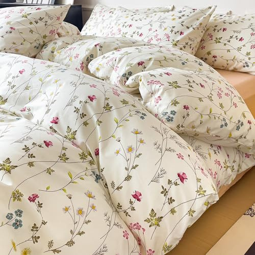 Wotcsil Set Copripiumino Una Piazza e Mezza Fiori Cotone Bianco Copripiumino Floreale 200x200 cm 3 Pezzi in Cotone con Motivo di Fiori Foglie e 2 Federe 50x75cm, Rosa