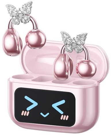 Clip On Schmuck Kopfhörer Open Ear Kopfhörer Kabellos Bluetooth 5.4 mit Intelligentem Touchscreen 4.1g Leichtgewicht Kopfhörer Sport, 60 Std Wireless Earbuds, M100 Schmetterling-Ohrring Rosa