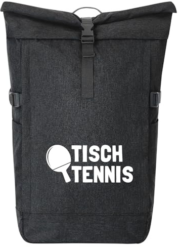 Huuraa Kurierrucksack Tischtennis Tischtennisschläger Geschenk | 30-44 Liter Backpack Black Melange Fairtrade Rolltop Rucksack Geschenkidee Schwarzer Laptop-Rucksack passend für 17-Zoll