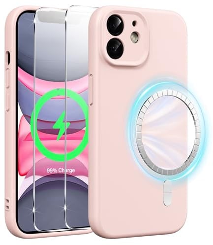 Xiltlly Coque Magnétique en Silicone pour iPhone 11 6,1 Pouces avec 2 Verre Trempé, Compatible avec MagSafe Aimants Intégrés, Étui Housse Antichoc Anti-Rayures Case pour iPhone 11, Rose
