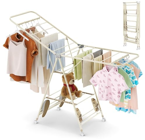 Clothes Airer Foldable Clothes Drying Rack Winged Adjustable Height | 23 Bars & 4 Lockable Casters, Heavy Duty Large Folding Clothes Dryer for Indoor & Outdoor