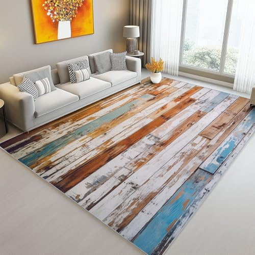 rutschfest waschbar Teppich 80 x 150 cm, Vintage Textur Shabby Holzbretter Design, Bunt Teppich für Dekoration Schlafzimmer Kinderzimmer Wohnzimmer Kurzflor Läufer