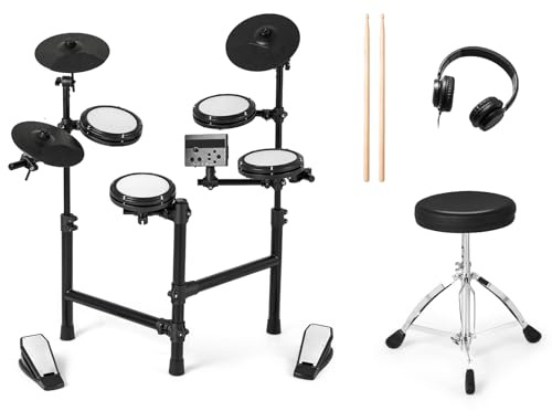 KOMFOTTEU Batería Electrónica con Pads, 150 Sonidos, Platos 24cm, USB MIDI | Batería Musical con 10 Demostraciones, Taburete Ajustable, Pedales, Baquetas y Auricular, Instrumento Musical