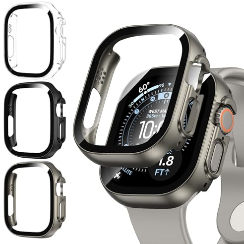 Kamita [3Pezzi] Custodia Compatibile con Apple Watch Ultra 3/Ultra 2/Ultra 49mm, Duro PC Bumper Cover con Protezione Dello Schermo, Antiurto Protettiva Custodie per iWatch 49 (Chiaro+Nero+Titanio)