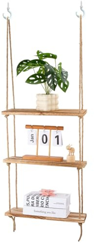 PH PandaHall 3 Livello Scaffali di Corda in Legno Mensola Sospesa con Corda, Scaffale da Appendere da Parete Stile Boho per la Casa Corridoio Camera da Letto Cucina