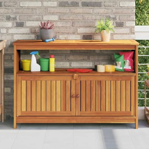 IBUQDDV Table console en bois massif d'acacia pour jardin et terrasse - 110 x 35 x 75 cm - Avec espace de rangement et compartiment de porte - Cadre en bois robuste et bois tropical durable