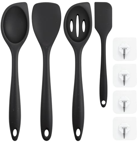 4 Stück Silikon Löffel Set - 28cm Langer Griff Antihaft Kochlöffel, BPA-Freier Hitzebeständiger Rührlöffel für Kochen, Backen, Rühren (Schwarz)