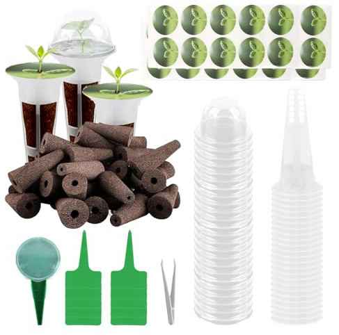 Shyllin 108 Stück Wachstumsschwämme, 24stk Ersatz Zuchtschwämme, Hydroponisches Anzuchtsystem mit 24 Etiketten, 24 Pflanzenkorb, 24 Isolierenden Deckeln, 1 Pinzette, Hydroponics Garten Zubehör