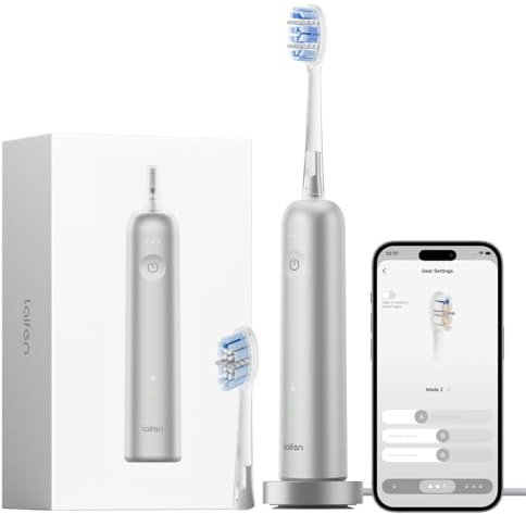 Laifen Wave Pro Elektrische Zahnbürste, 60° WaveMotion & 66.000 Vpm für Tiefenreinigung, 70 Tage Akku, Drucksensor & App-Customizing, nahtloses Design ideal für Reisen, inkl. 2 Pro-Köpfe (Alu Silber)