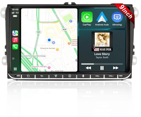 Autoradio mit Navi Bildschirm für VW Golf 5/6 Seat Passat Sharan Tiguan,9 Zoll Golf Radio mit Apple CarPlay & Android Auto Mirrorlink, VW Polo T5 Caddy Radio Bluetooth GPS SWC EQ USB FM, Linux