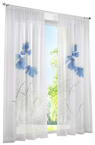 BAILEY JO 1er-Pack Gardine Floral Gardinen Schlaufen mit Blumen Druck Transparent Voile Vorhang (BxH 150x175cm, Blau mit Kräuselband)