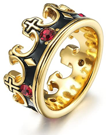 SINLEO Mens Womens Stainless Steel Vintage Royal King Crown Ring Cross Band Ruby Black Gemstone Gold Size 10