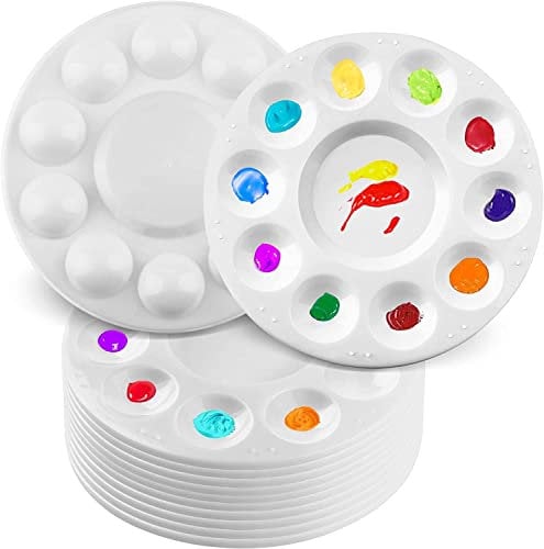 LotFancy 12 Pièces Palettes de Peinture en Plastique 16.5cm Palette Peinture Palettes de Couleurs avec 11 Compartiments Blanc Aquarelle Acrylique Humide Lavable