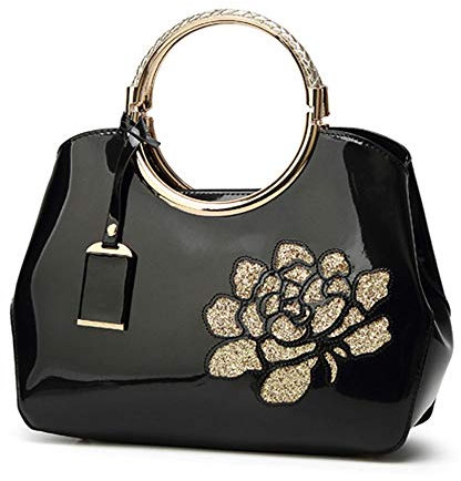 Borsa da donna, Borsa in pelle verniciata, Elegante borsa con manico superiore Ricamo di fiori Borsa a tracolla moda a tracolla per la festa serale, Matrimonio, lavoro, Nero