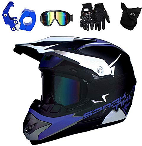 PKFG® Motorrad Crosshelm Kinder Blau, Moped Motocross Helm mit Brille Maske Handschuhe und Helmhaken, Abnehmbar Visier Offroad Enduro Helm für Mountainbike/Schneemobil/MTB/VTA, S (52~53CM)