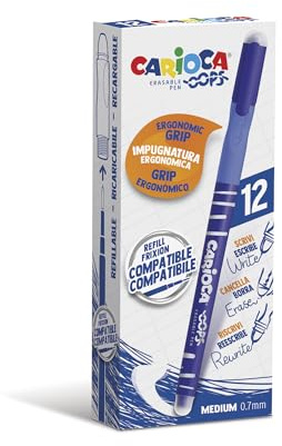 CARIOCA OOPS Erasable Pens, Blue, Box of 12-0.7 mm Tip, Ergonomic Triangular Grip, Double Eraser, Thermosensitive Ink, Compatible Refills (12 Blue Erasable Pens)