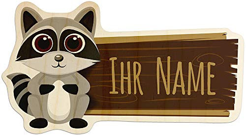 printplanet - Türschild aus Holz mit eigenem Text oder Namen - Namensschild, Holzschild, Kinderzimmer-Schild - Motiv Waschbär