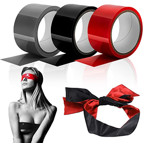 BDSMAGE 4 stk. Bondage Tape Set mit Satin Augenmaske,ohne Kleber Design Elektrostatisches Tape,Vielseitige bondage seile latex tape SM Klebeband Ribbon für Sexspielung Paare Frauen Männer