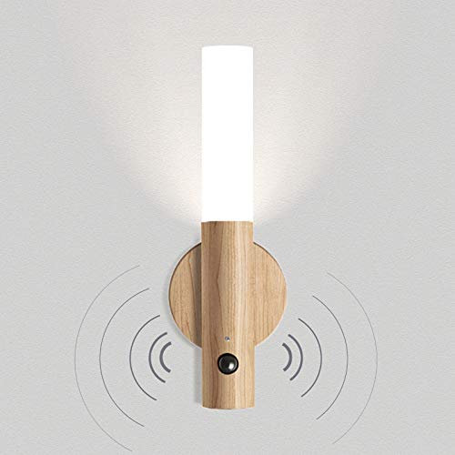 VOMI Luminaire Sans Fil LED Applique Murale Bois Batterie Lampe Murale Detecteur de Mouvement Intérieur à Pile USB Rechargeable Magnetique Lumière Veilleuse Escalier Détecteur, Blanc Chaud