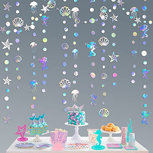 Schillernde Meerjungfrauen-Girlande mit Quallen, Muscheln, Seestern, Perle, holografischer Papierschlangen für kleine Meerjungfrau, Regenbogen-Thema, Geburtstag, Junggesellinnenabschied, Babyparty,