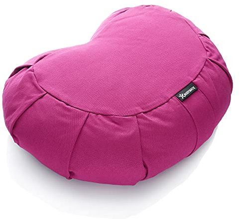 BODYMATE Halbmond Yogakissen 42cm lang 30cm breit und 15cm hoch Pink mit Buchweizen-Spelz Füllung – Maschinenwaschbarer Bezug aus 100% extra Dicker Baumwolle – Meditationskissen – Sitzkissen