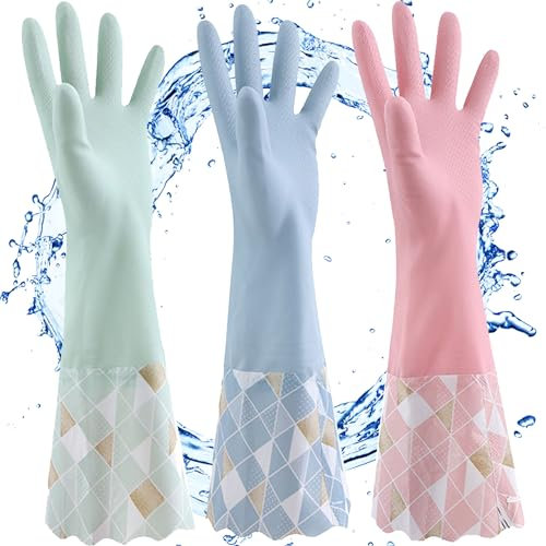 XFLYP PVC Gants de Vaisselle Sans Latex, Gants de Ménage Antidérapants avec Doublure en Coton, Pour Nettoyer la Maison, la Voiture, la Salle de Bain, les WC, 3 Paires (Bleu+ Vert+ Rose)