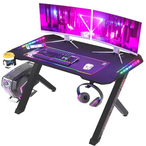 FATIVO Bureau Gaming LED 120cm: Bureau Gamer RGB pour Ordinateur Table Gaming pour PC Informatique Bureau PC Fixe Ergonomic Support Casque et Porte Gobelet - Noir