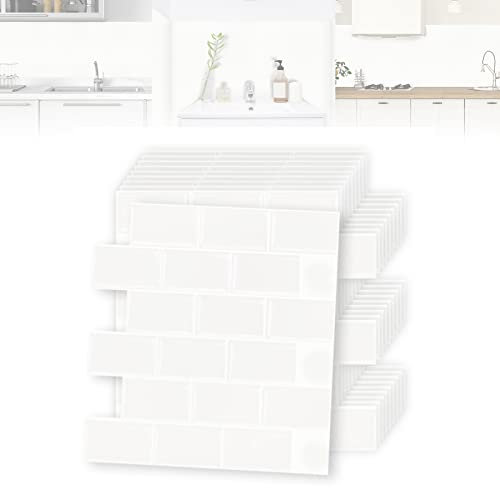 ACXIN 10 Stück Fliesenaufkleber für Küche Bad - PVC 3D Klebefliesen Startseite Dekore, Schälen und Kleben, 30 x 30cm (Reines Weiß Glänzende Fliese)