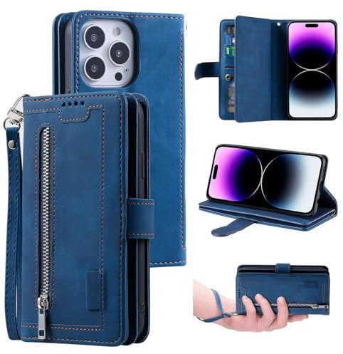 UEEBAI Wallet Case for iPhone 14 Pro Max 6.7 inch, Retro 9 Card Holder Slots Zipper Pocket Handbag Case PU Leather Magnetic Closure Kickstand with Wrist Strap TPU Shockproof Flip Case - Blue