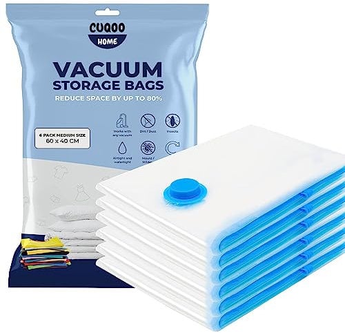 NIFTII Vacuum Storage Bags 6 Pack, 60x40cm - Space Saver for Clothes, 80% More Storage with Airtight, Waterproof, Double-Zip Seal, Durable Packing Bags for Duvets, Bedding & Travel